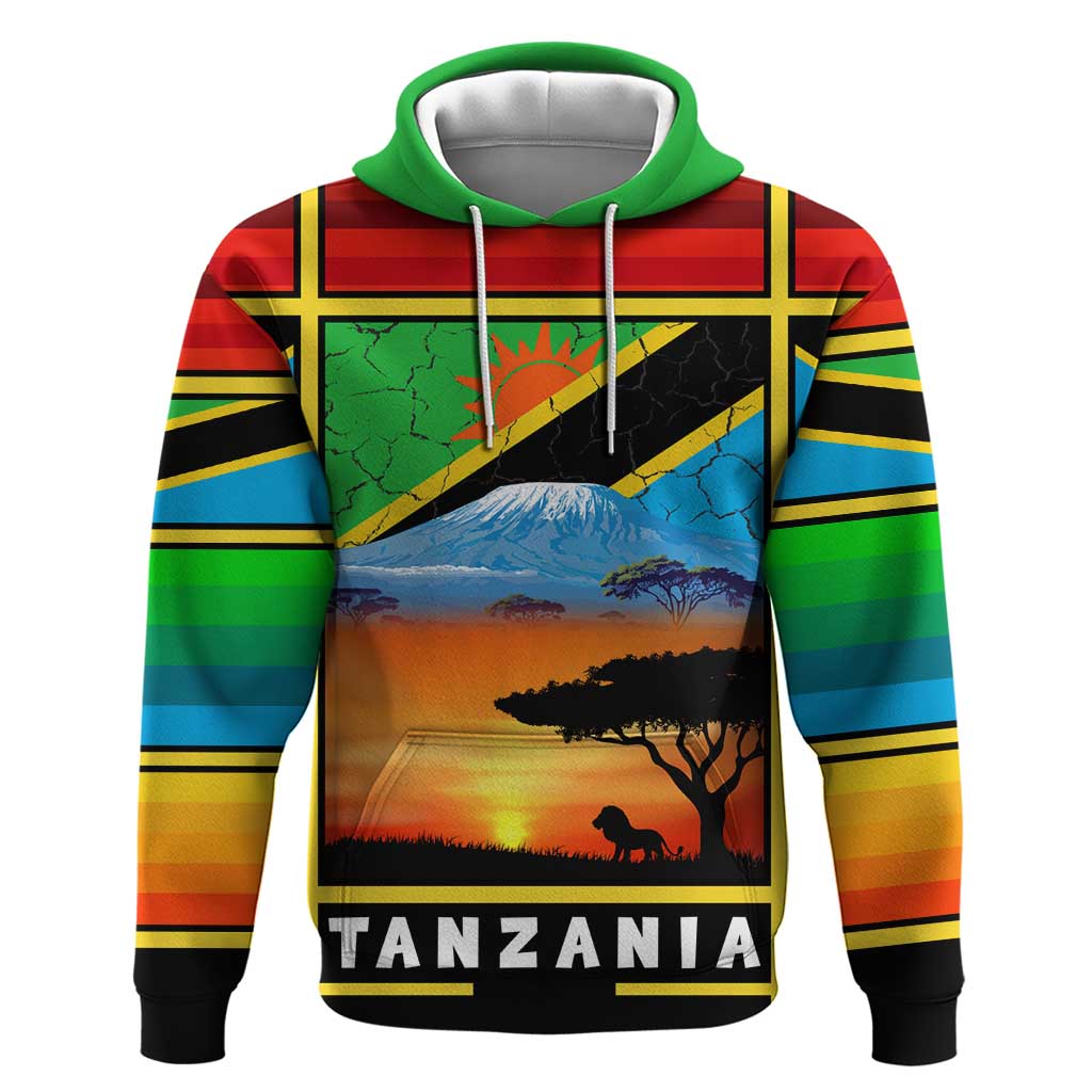 African Sunset Design Hoodie with Flag Map Mount Kilimanjaro and Wildlife Scene TS04