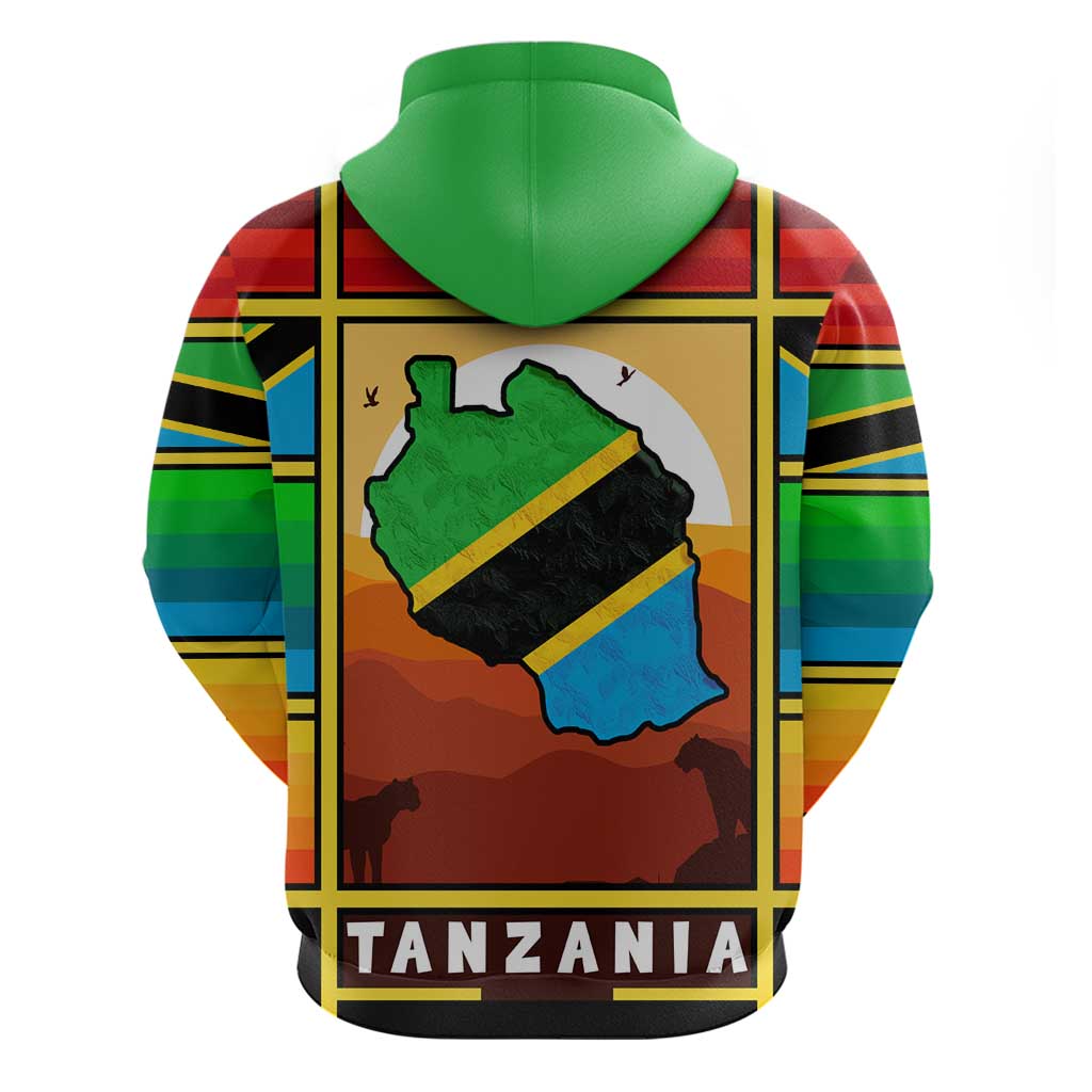 African Sunset Design Hoodie with Flag Map Mount Kilimanjaro and Wildlife Scene TS04