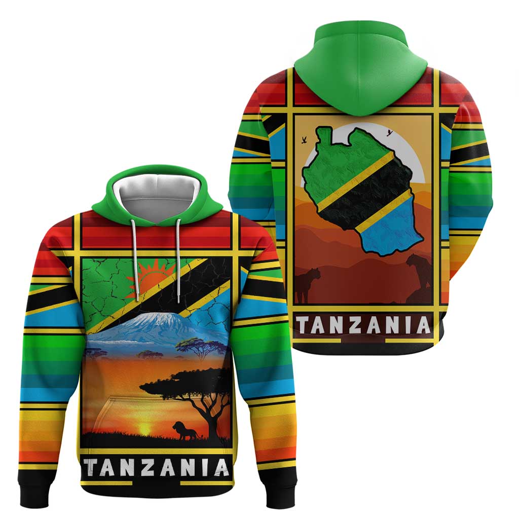 African Sunset Design Hoodie with Flag Map Mount Kilimanjaro and Wildlife Scene TS04