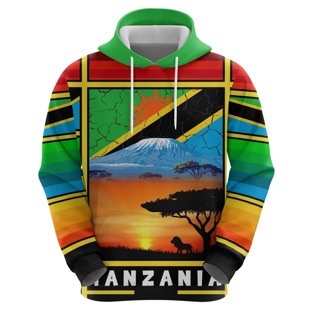 African Sunset Design Hoodie with Flag Map Mount Kilimanjaro and Wildlife Scene TS04