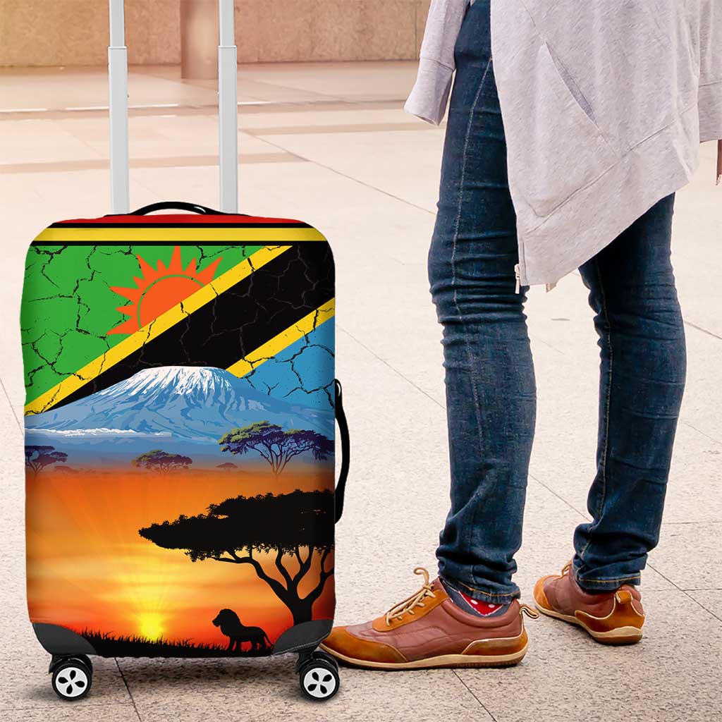 African Sunset Design Luggage Cover with Flag Map Mount Kilimanjaro and Wildlife Scene TS04