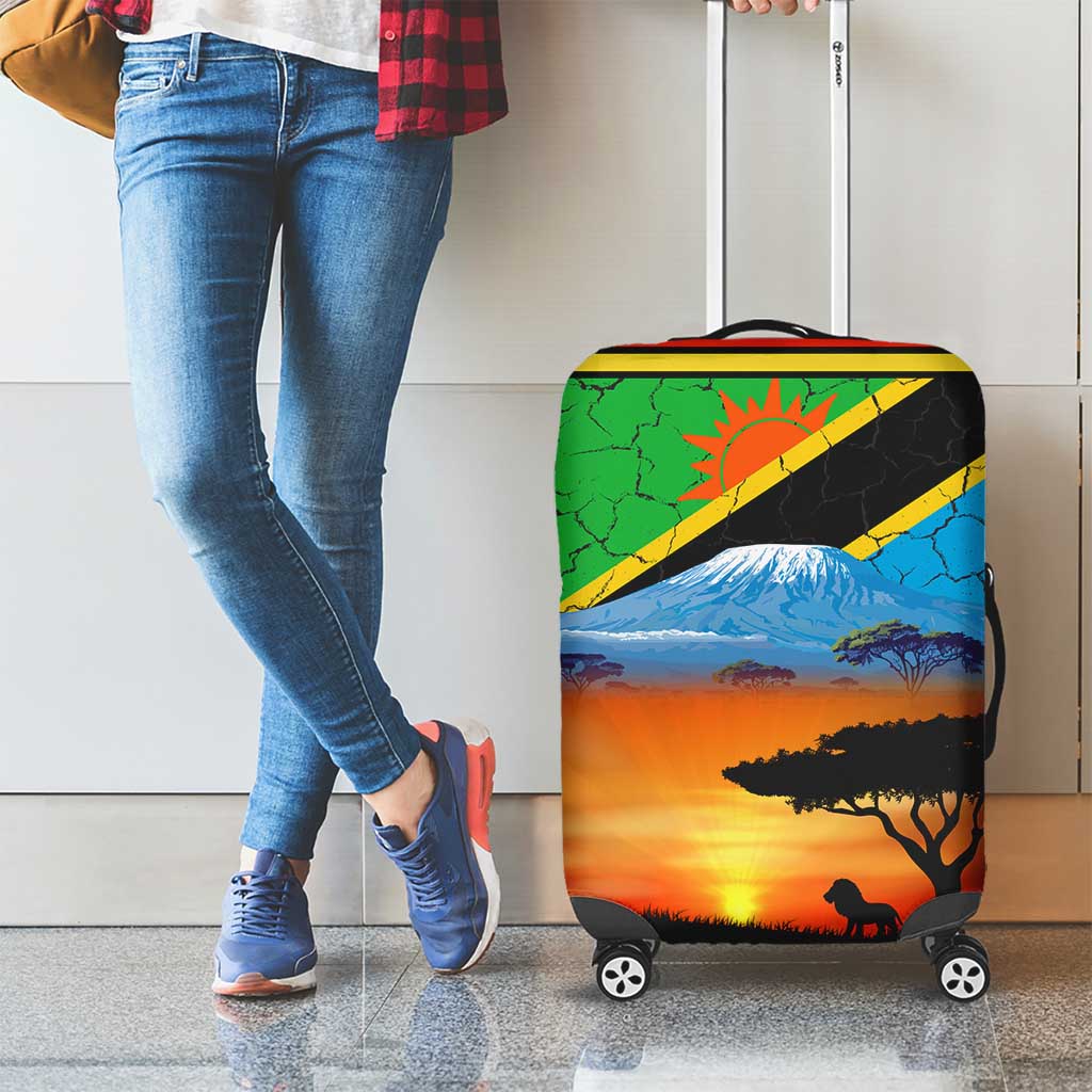 African Sunset Design Luggage Cover with Flag Map Mount Kilimanjaro and Wildlife Scene TS04