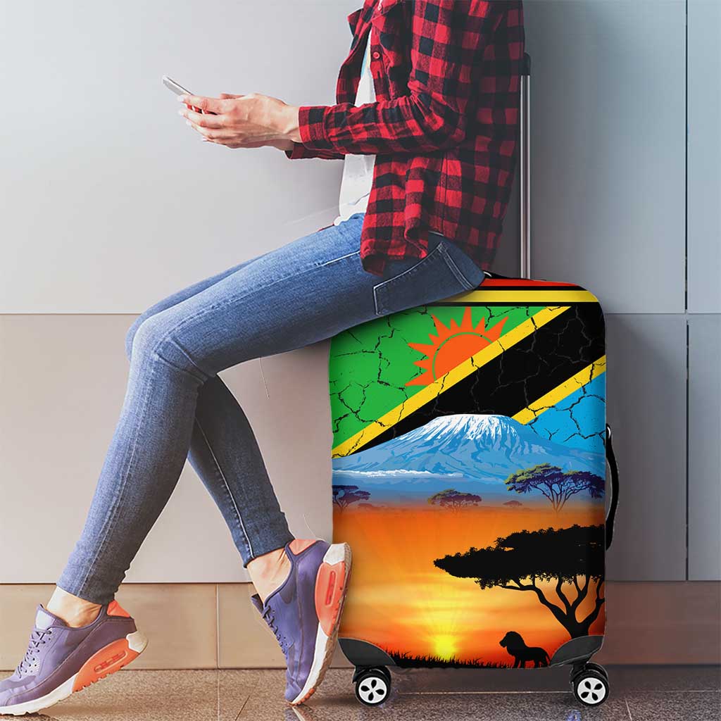 African Sunset Design Luggage Cover with Flag Map Mount Kilimanjaro and Wildlife Scene TS04