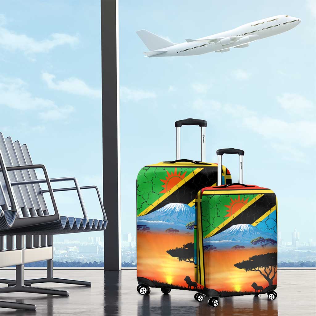 African Sunset Design Luggage Cover with Flag Map Mount Kilimanjaro and Wildlife Scene TS04