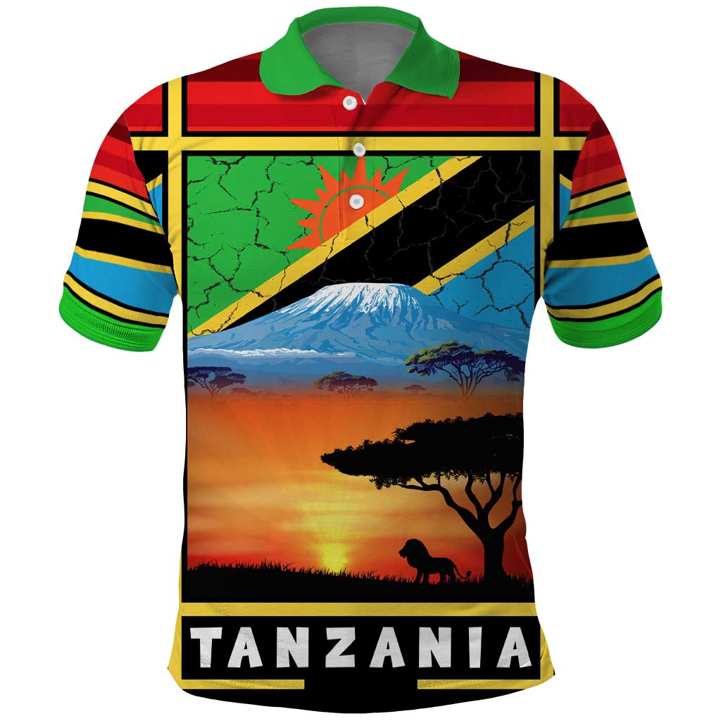African Sunset Design Polo Shirt with Flag Map Mount Kilimanjaro and Wildlife Scene TS04