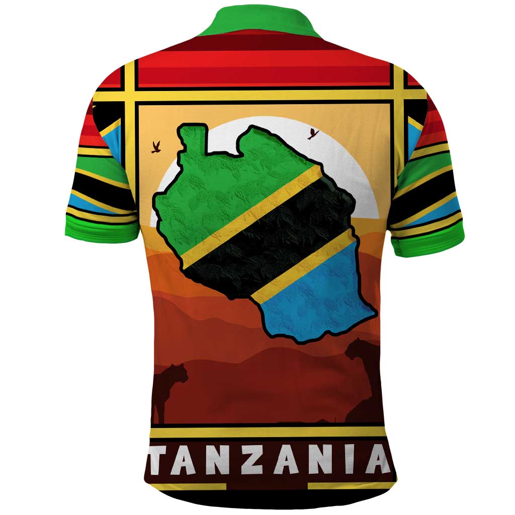 African Sunset Design Polo Shirt with Flag Map Mount Kilimanjaro and Wildlife Scene TS04