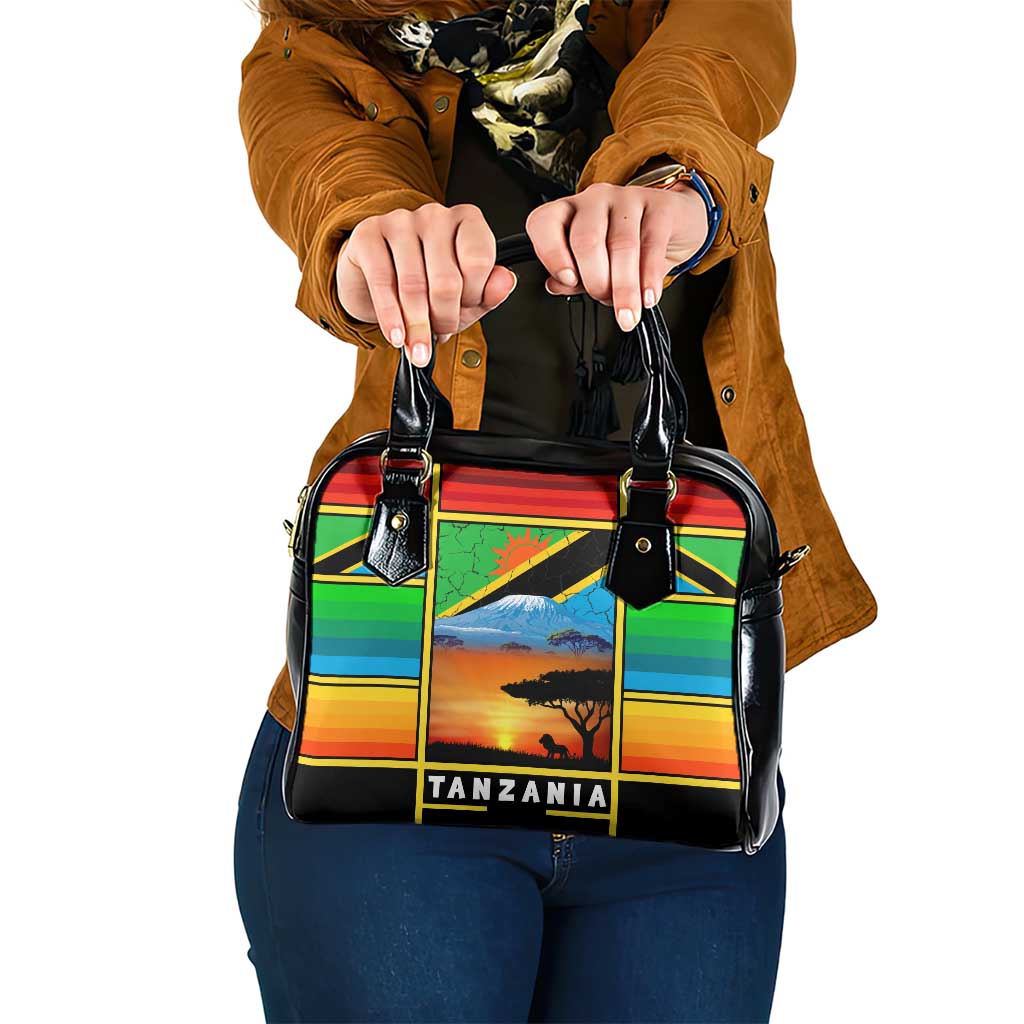 African Sunset Design Shoulder Handbag with Flag Map Mount Kilimanjaro and Wildlife Scene TS04