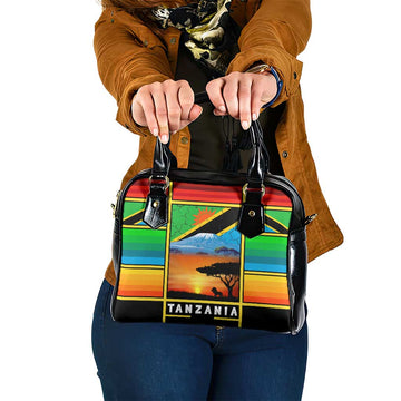 African Sunset Design Shoulder Handbag with Flag Map Mount Kilimanjaro and Wildlife Scene TS04