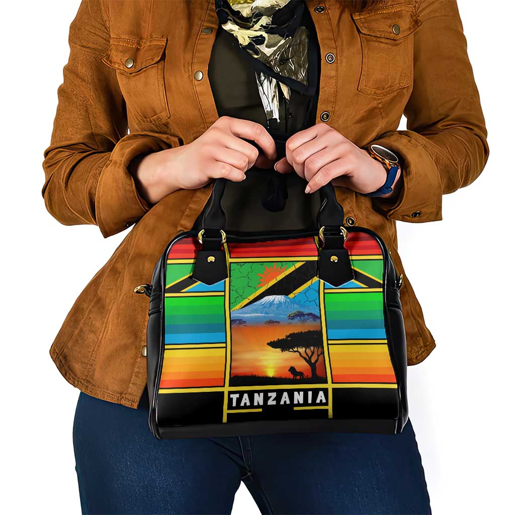 African Sunset Design Shoulder Handbag with Flag Map Mount Kilimanjaro and Wildlife Scene TS04