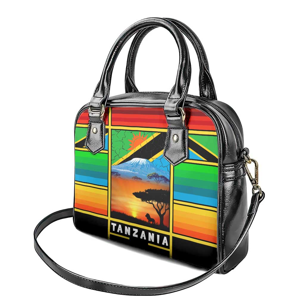 African Sunset Design Shoulder Handbag with Flag Map Mount Kilimanjaro and Wildlife Scene TS04