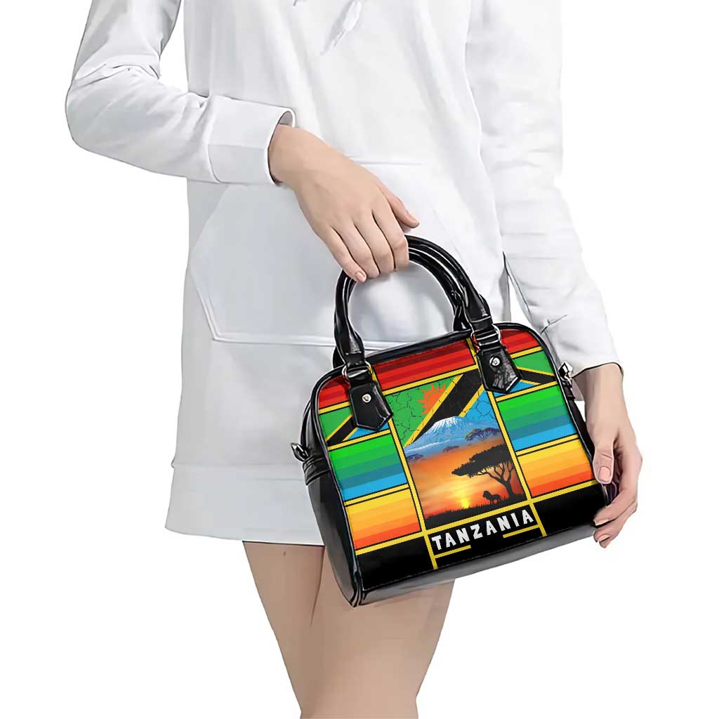 African Sunset Design Shoulder Handbag with Flag Map Mount Kilimanjaro and Wildlife Scene TS04