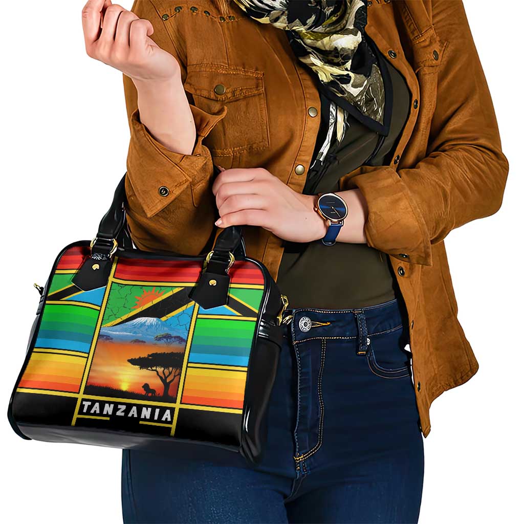 African Sunset Design Shoulder Handbag with Flag Map Mount Kilimanjaro and Wildlife Scene TS04