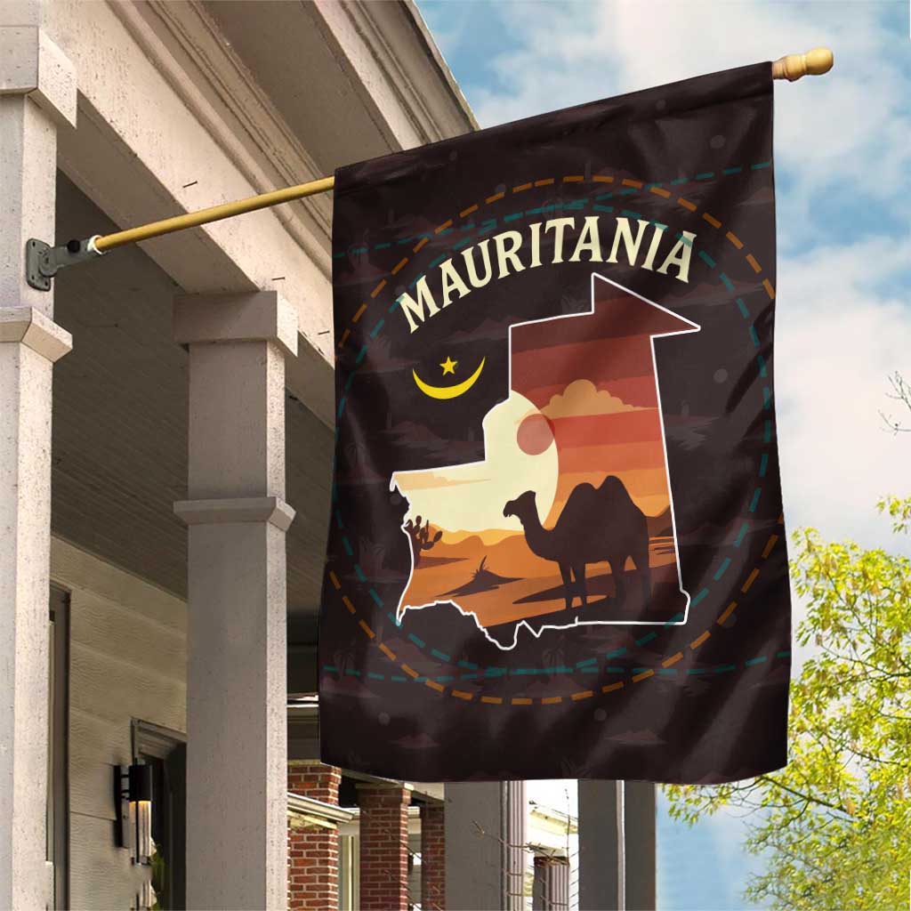 Mauritania Garden Flag - Desert Sunset Camel Silhouette and Flag Accents TS04