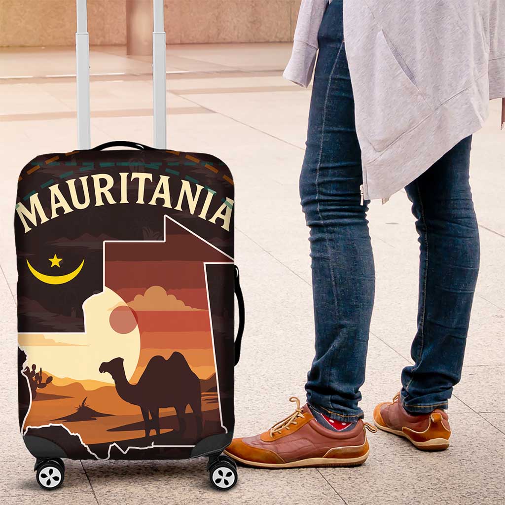 Mauritania Luggage Cover with Desert Sunset Camel Silhouette and Flag Accents TS04