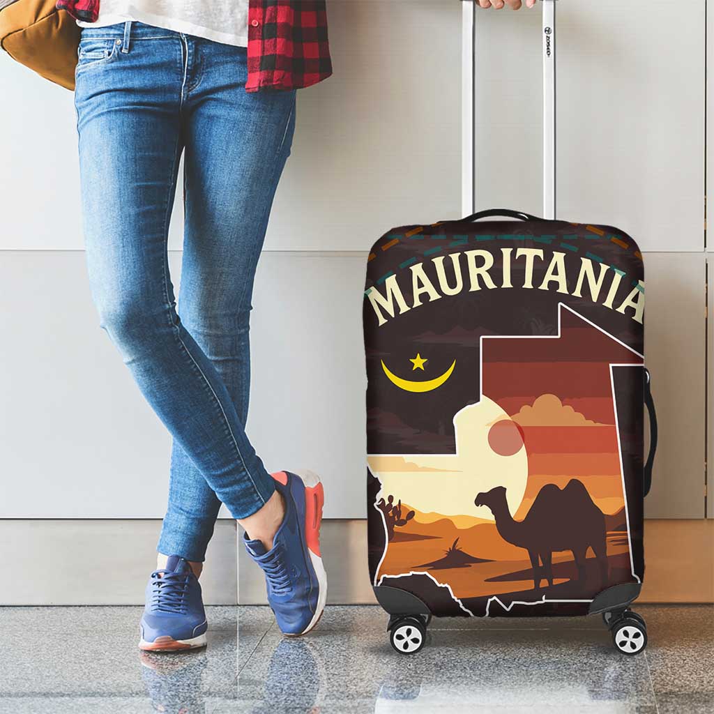 Mauritania Luggage Cover with Desert Sunset Camel Silhouette and Flag Accents TS04