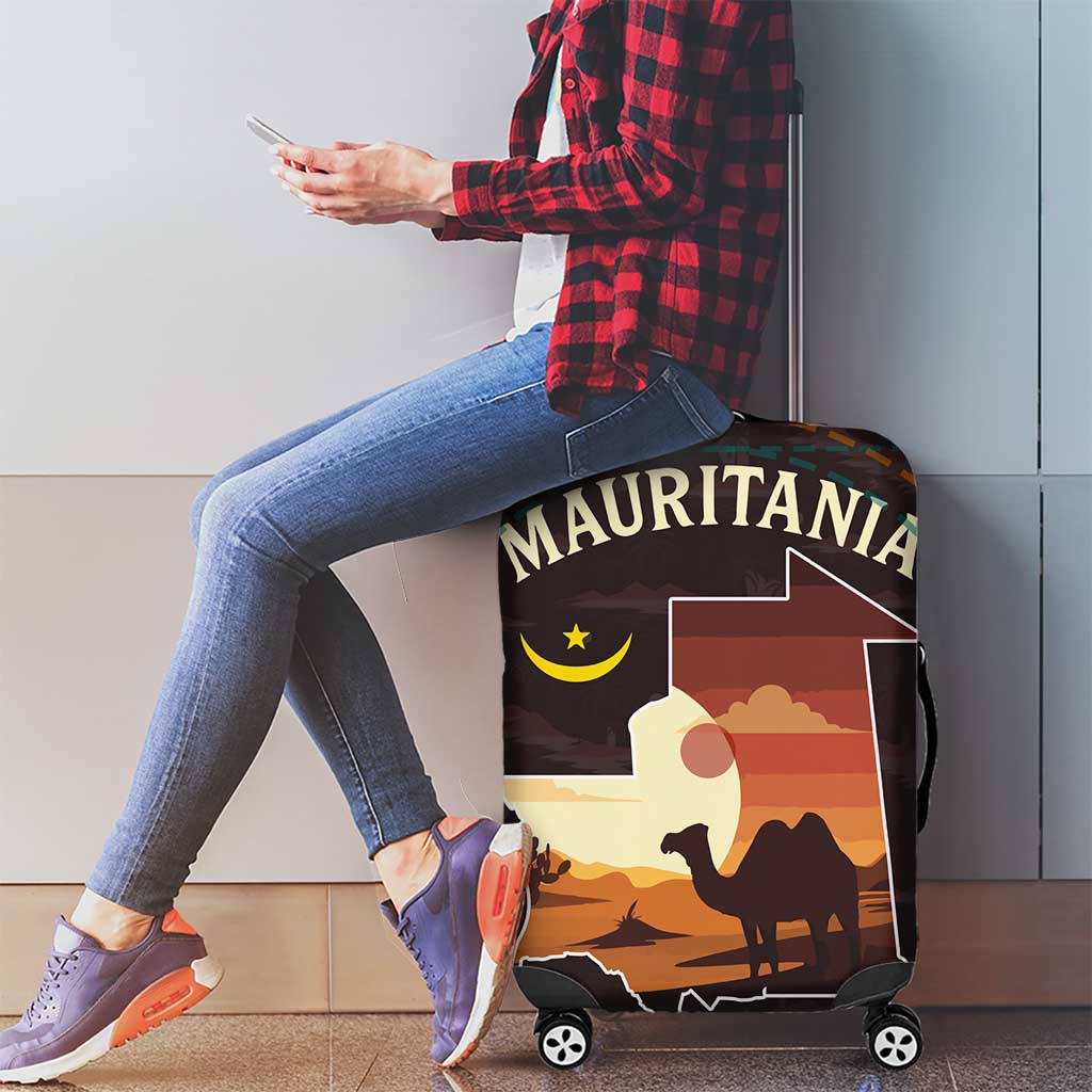 Mauritania Luggage Cover with Desert Sunset Camel Silhouette and Flag Accents TS04