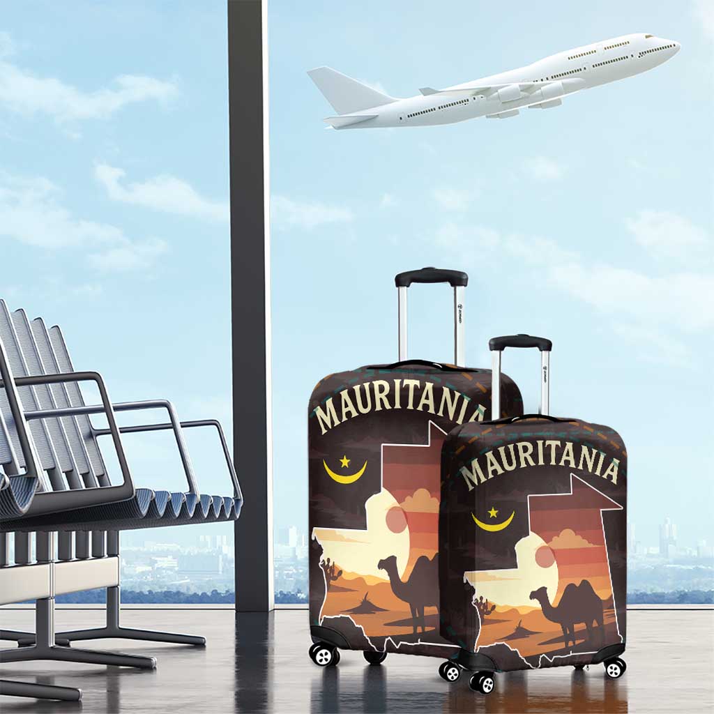Mauritania Luggage Cover with Desert Sunset Camel Silhouette and Flag Accents TS04