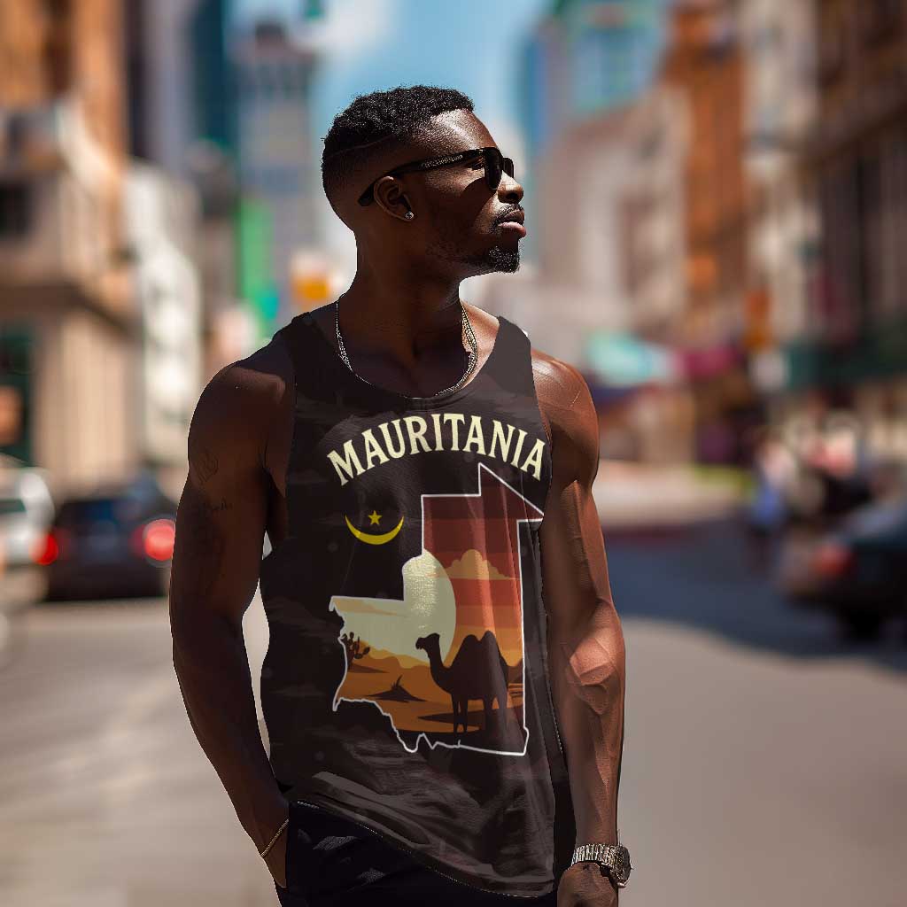 Mauritania Men Tank Top - Desert Sunset Camel Silhouette and Flag Accents TS04