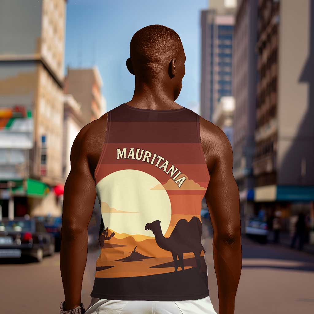 Mauritania Men Tank Top - Desert Sunset Camel Silhouette and Flag Accents TS04