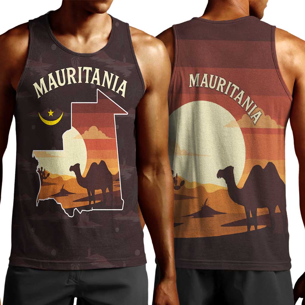 Mauritania Men Tank Top - Desert Sunset Camel Silhouette and Flag Accents TS04