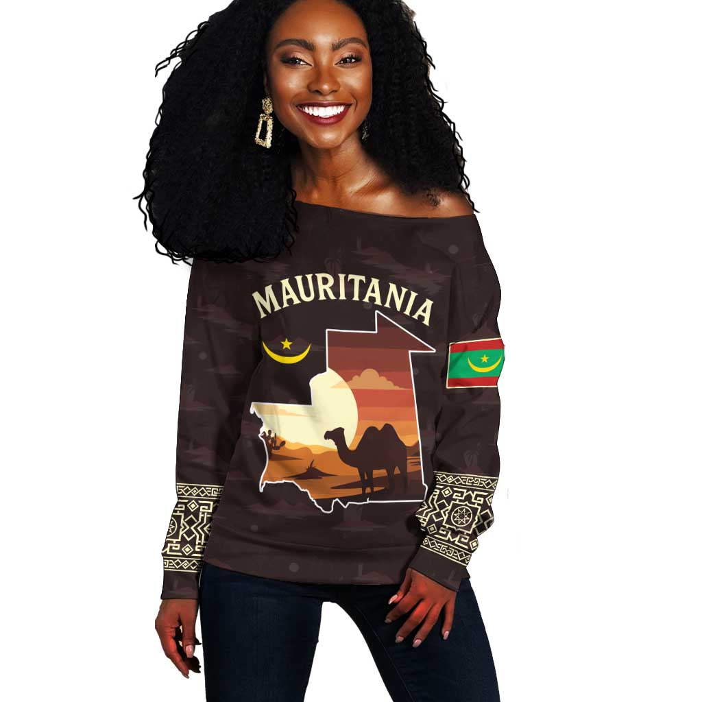 Mauritania Off Shoulder Sweater - Desert Sunset Camel Silhouette and Flag Accents TS04
