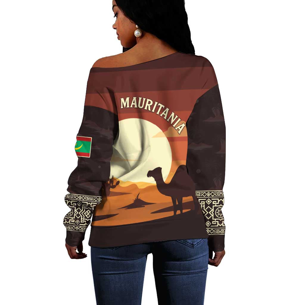 Mauritania Off Shoulder Sweater - Desert Sunset Camel Silhouette and Flag Accents TS04