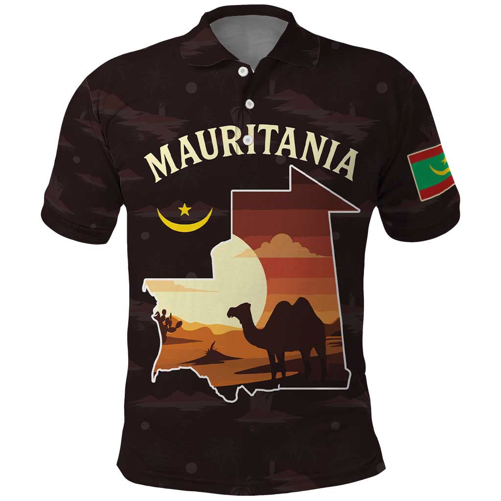 Mauritania Polo Shirt with Desert Sunset Camel Silhouette and Flag Accents TS04