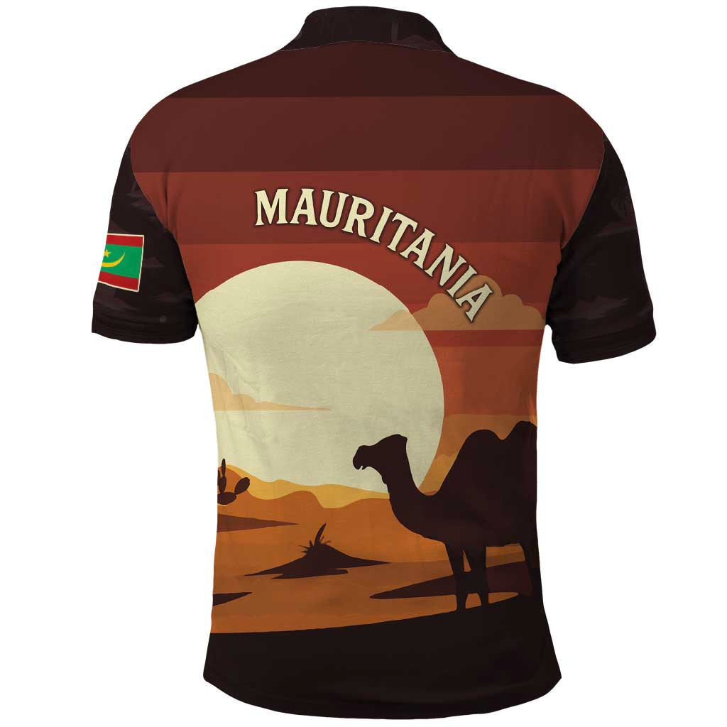 Mauritania Polo Shirt with Desert Sunset Camel Silhouette and Flag Accents TS04
