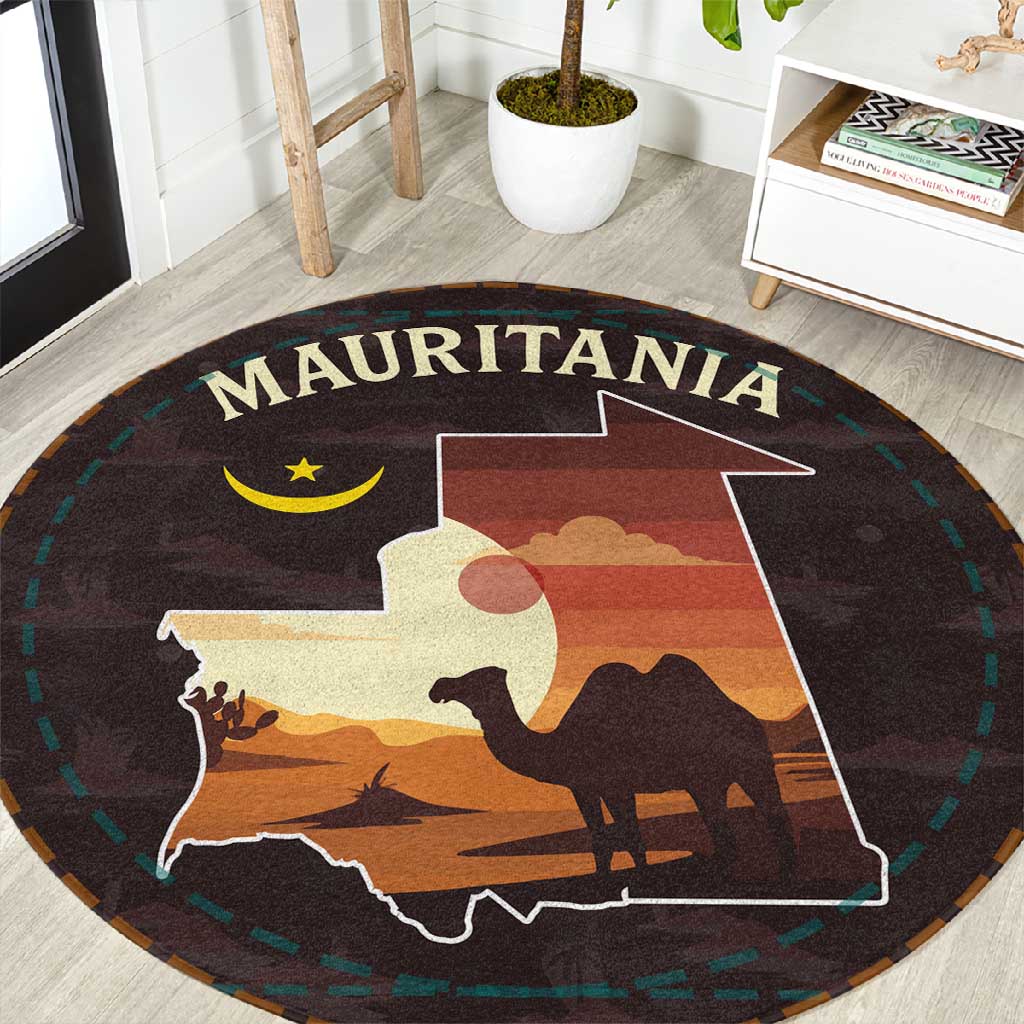 Mauritania Round Carpet - Desert Sunset Camel Silhouette and Flag Accents TS04