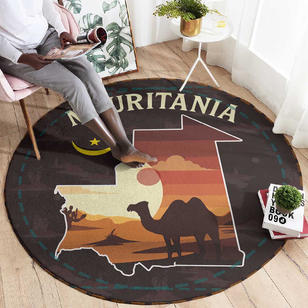Mauritania Round Carpet - Desert Sunset Camel Silhouette and Flag Accents TS04