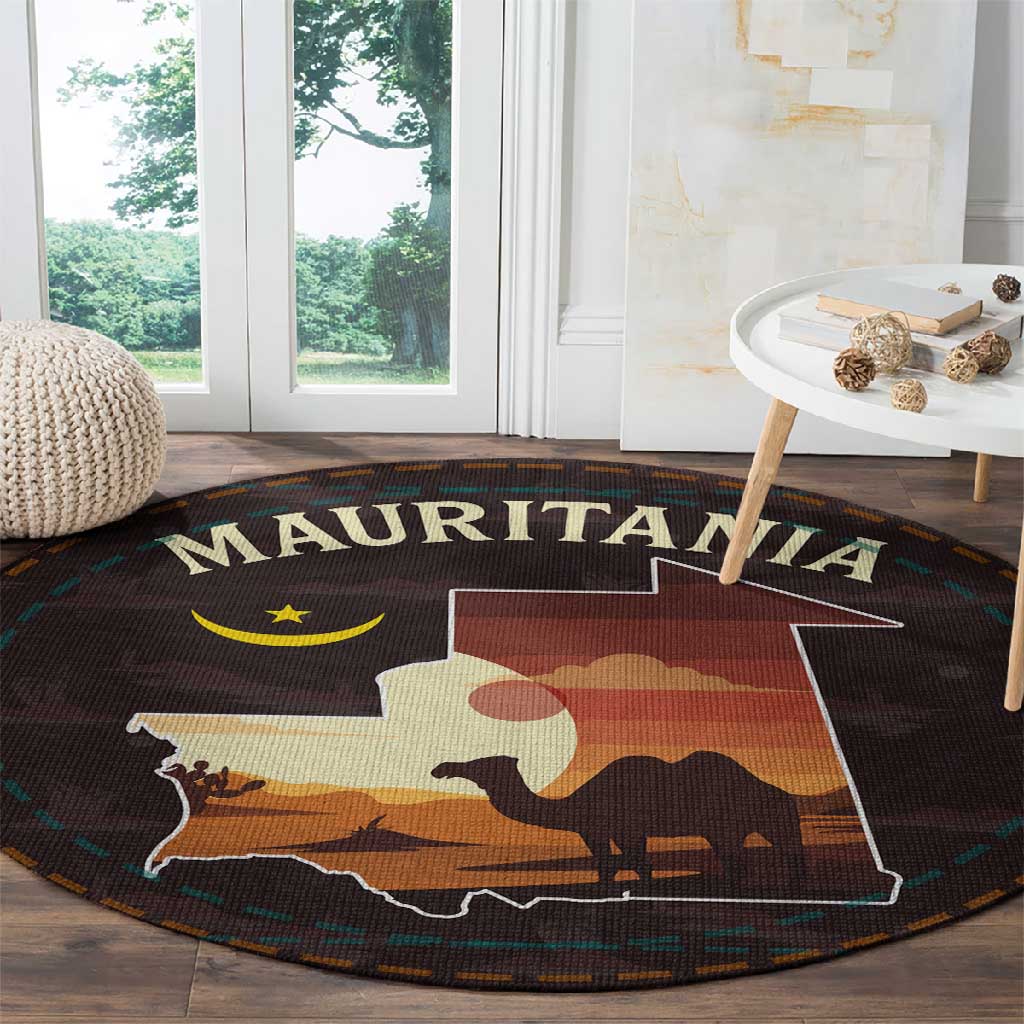 Mauritania Round Carpet - Desert Sunset Camel Silhouette and Flag Accents TS04