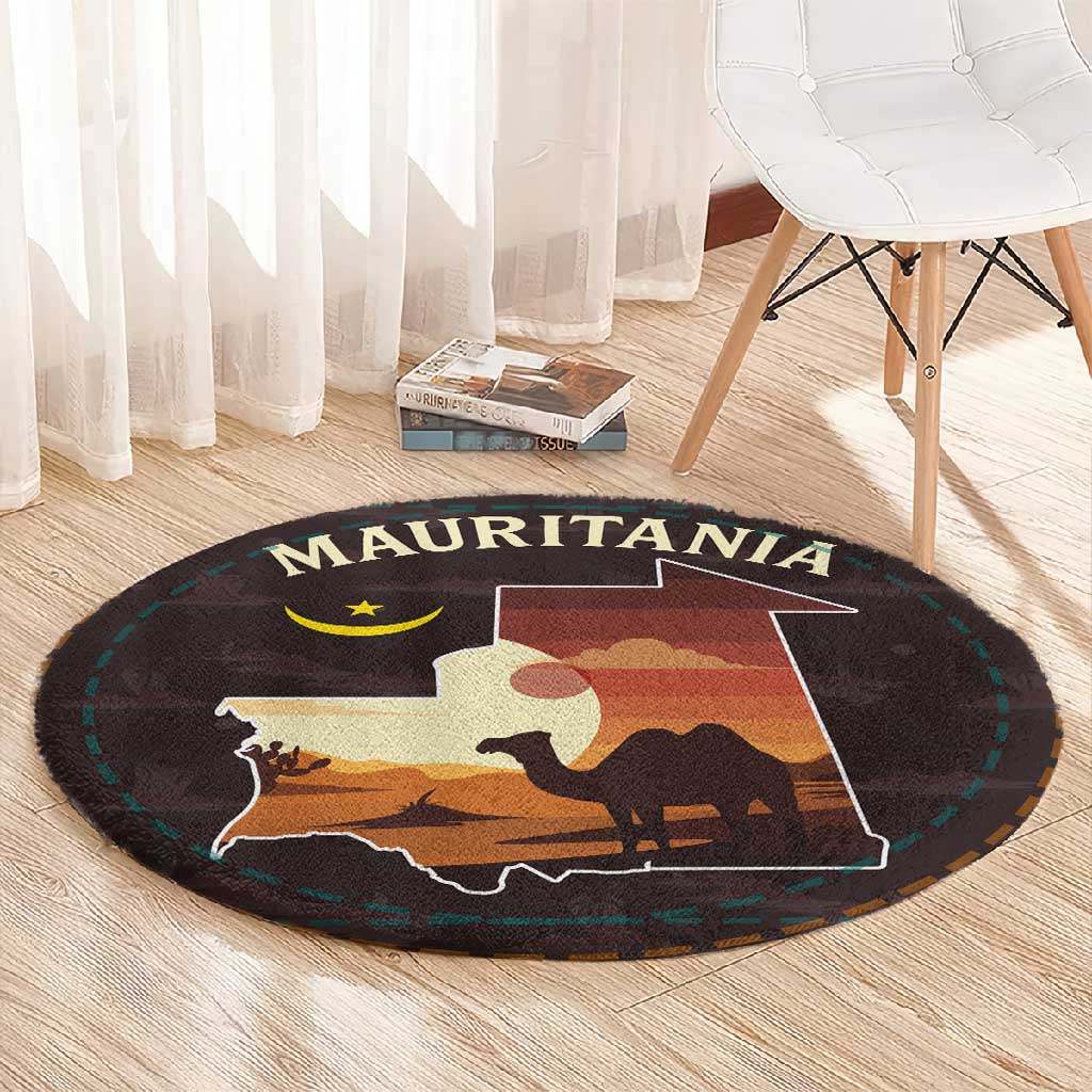Mauritania Round Carpet - Desert Sunset Camel Silhouette and Flag Accents TS04