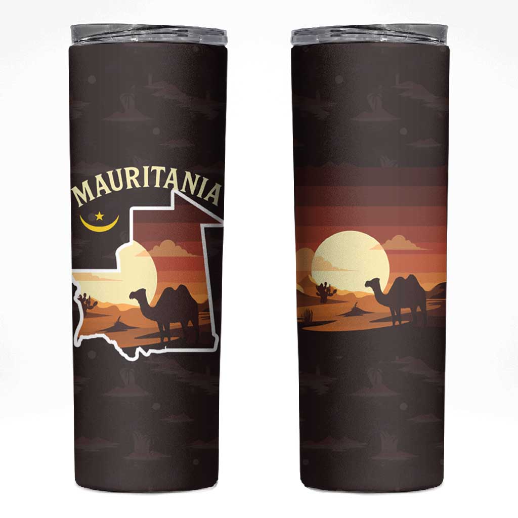 Mauritania Skinny Tumbler - Desert Sunset Camel Silhouette and Flag Accents TS04
