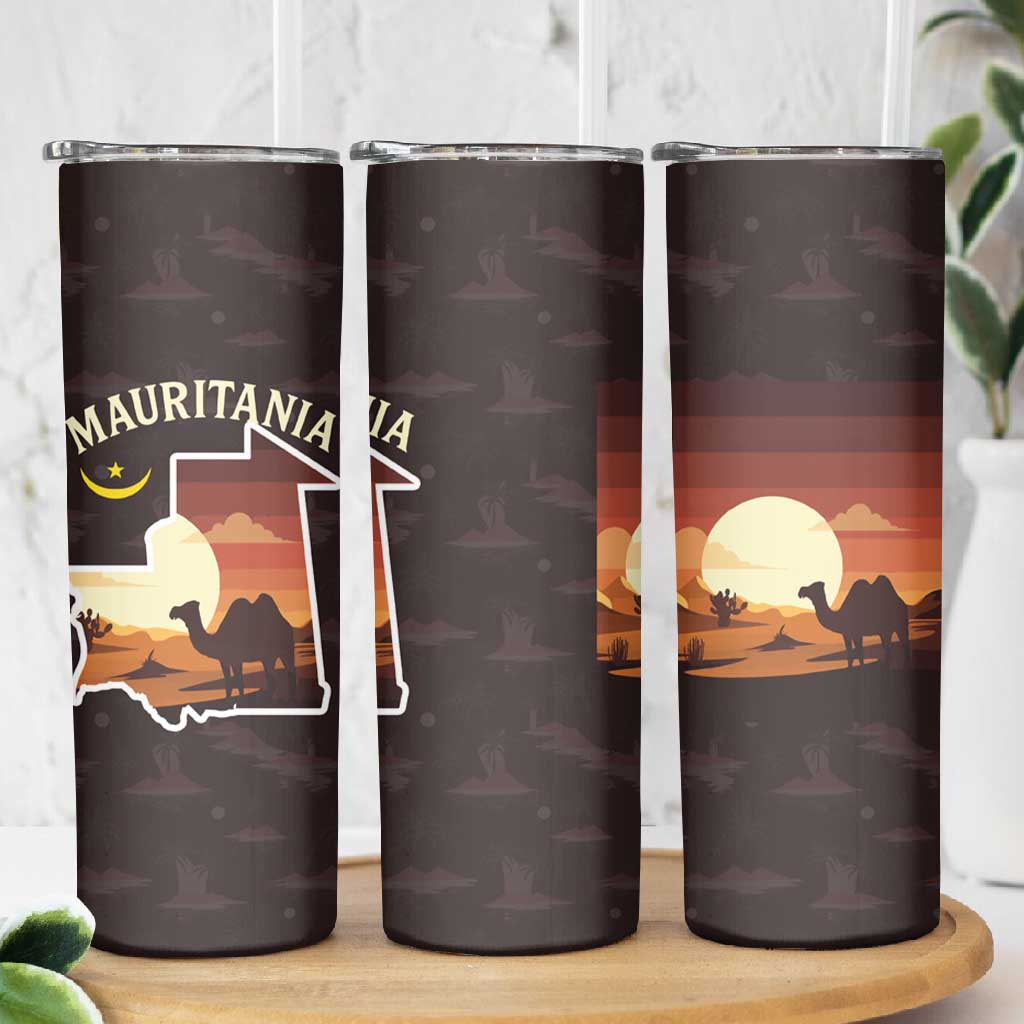 Mauritania Skinny Tumbler - Desert Sunset Camel Silhouette and Flag Accents TS04