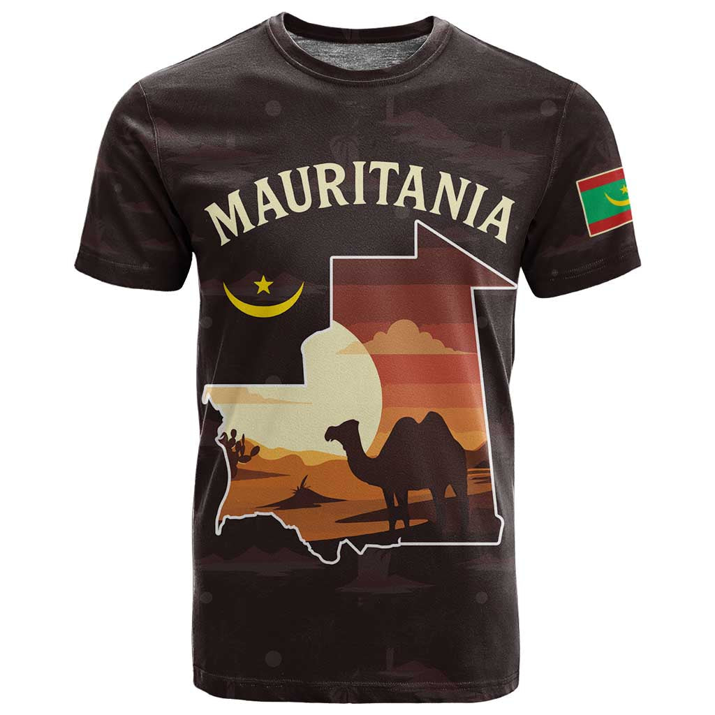 Mauritania T shirt - Desert Sunset Camel Silhouette and Flag Accents TS04