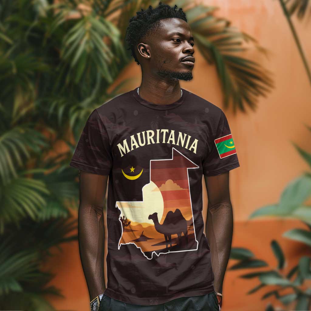Mauritania T shirt - Desert Sunset Camel Silhouette and Flag Accents TS04