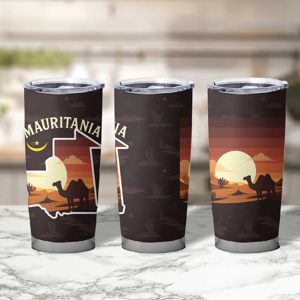 Mauritania Tumbler Cup - Desert Sunset Camel Silhouette and Flag Accents TS04