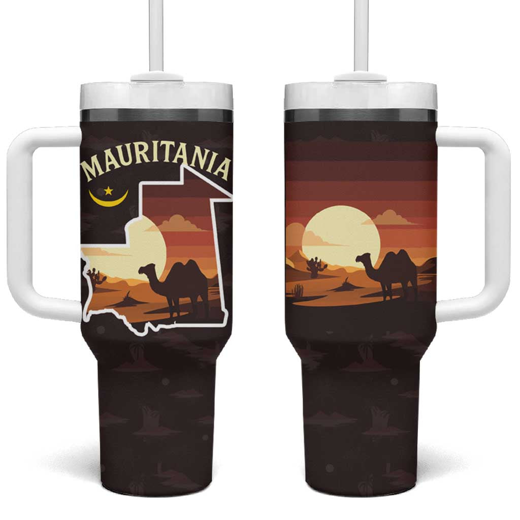 Mauritania Tumbler With Handle - Desert Sunset Camel Silhouette and Flag Accents TS04