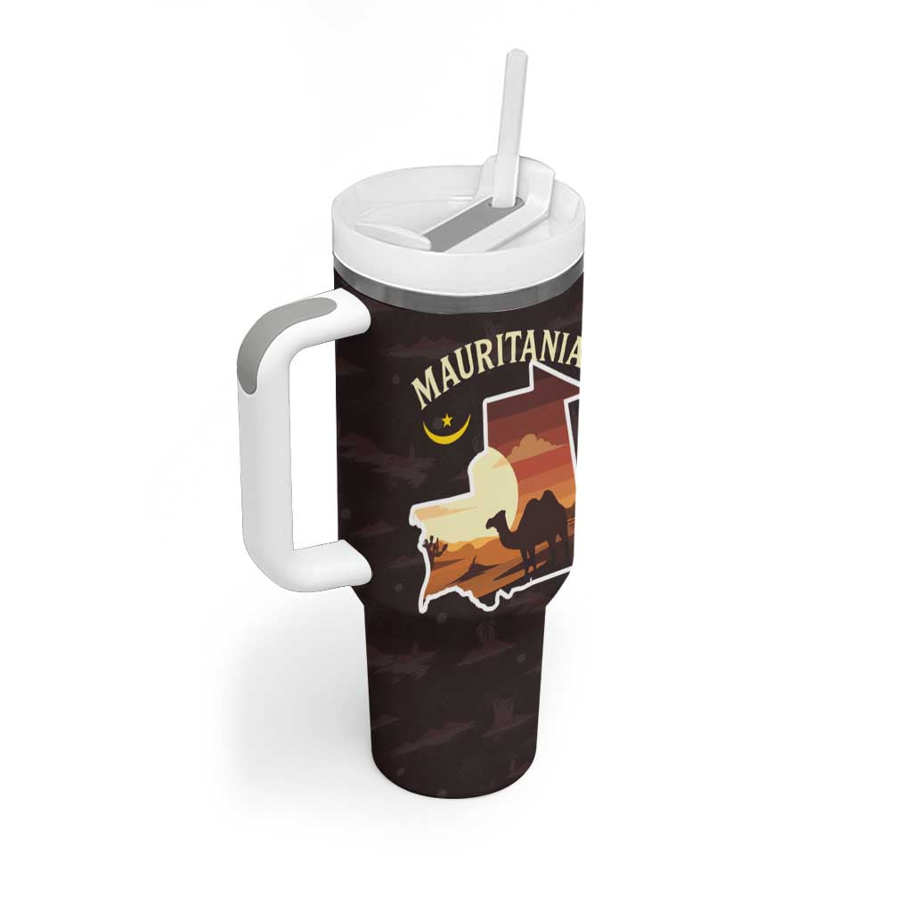 Mauritania Tumbler With Handle - Desert Sunset Camel Silhouette and Flag Accents TS04