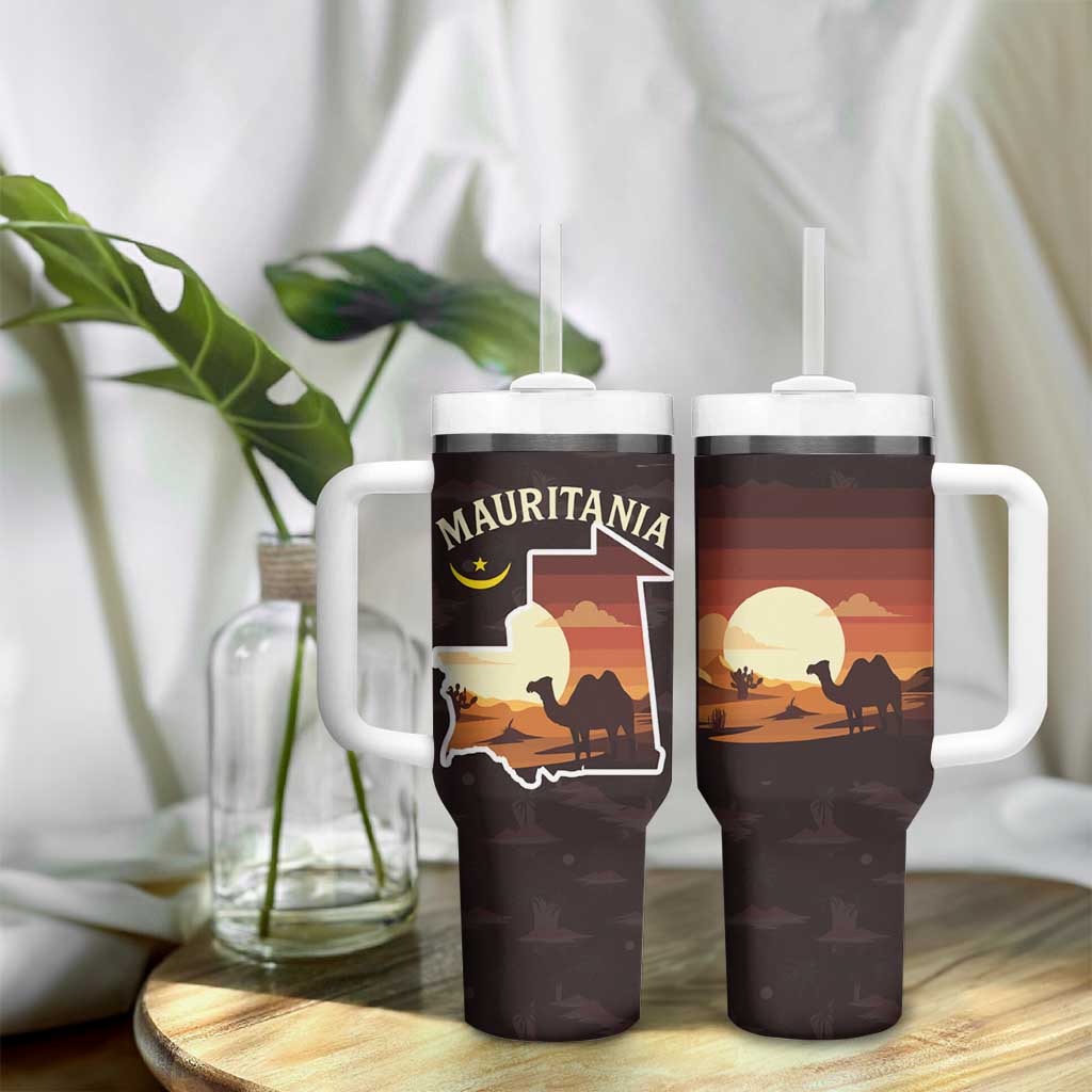 Mauritania Tumbler With Handle - Desert Sunset Camel Silhouette and Flag Accents TS04