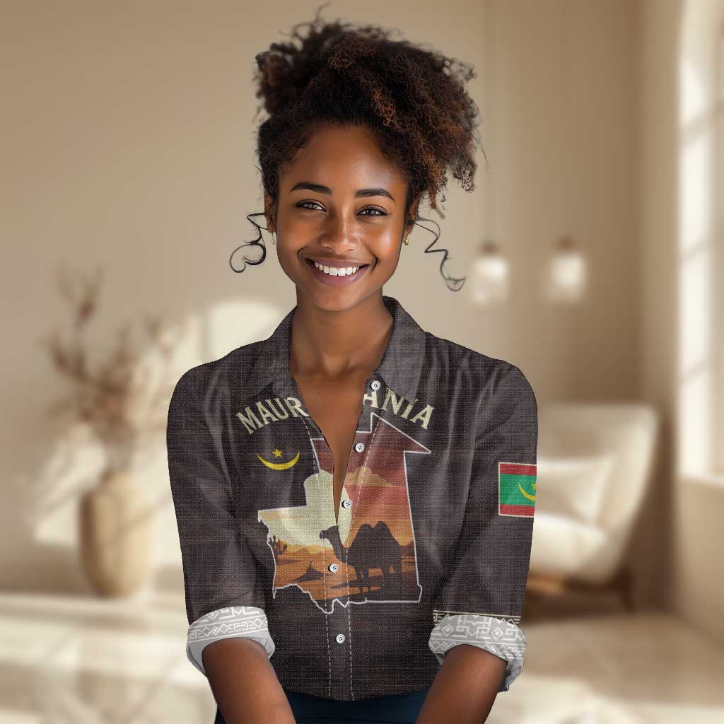 Mauritania Women Casual Shirt - Desert Sunset Camel Silhouette and Flag Accents TS04