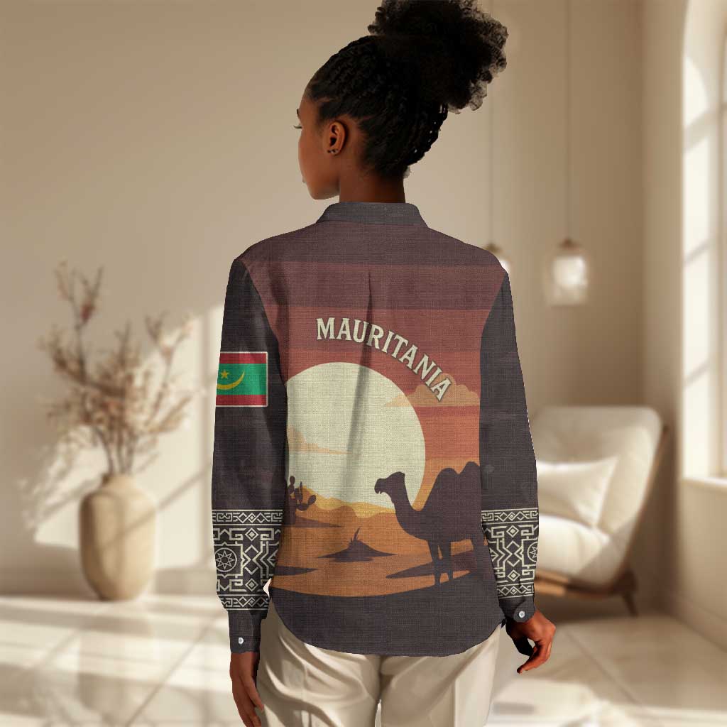 Mauritania Women Casual Shirt - Desert Sunset Camel Silhouette and Flag Accents TS04