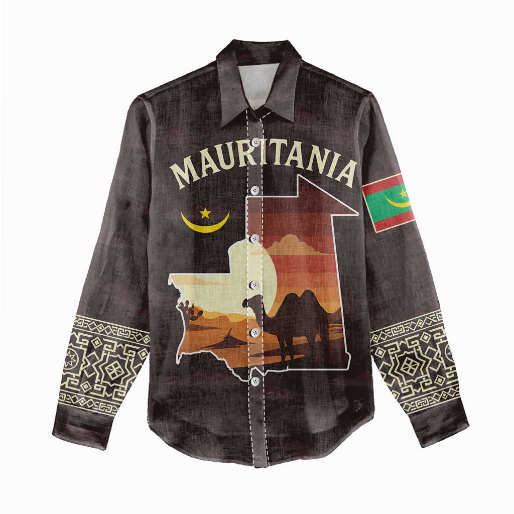 Mauritania Women Casual Shirt - Desert Sunset Camel Silhouette and Flag Accents TS04