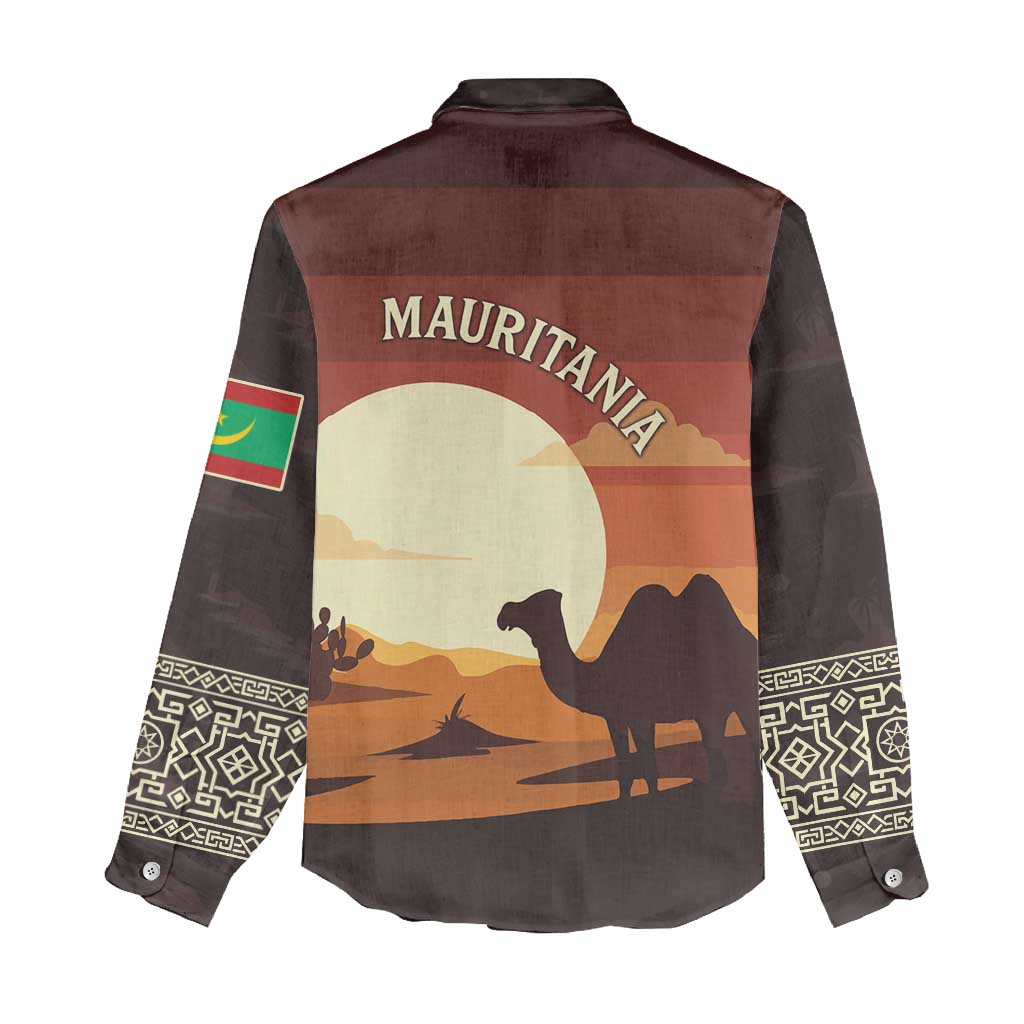 Mauritania Women Casual Shirt - Desert Sunset Camel Silhouette and Flag Accents TS04