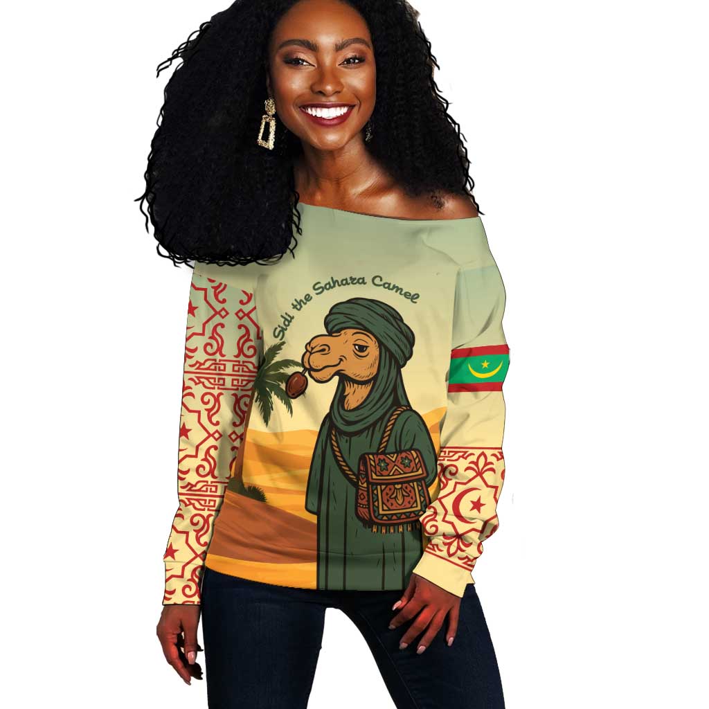 Mauritania Off Shoulder Sweater - Sidi the Sahara Camel Cartoon and Desert Caravan Design TS04