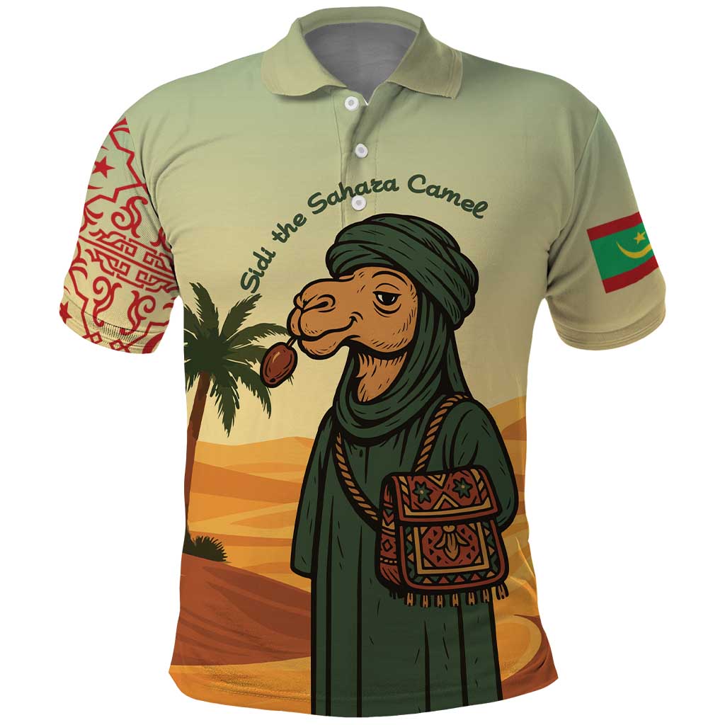 Mauritania Polo Shirt with Sidi the Sahara Camel Cartoon and Desert Caravan Design TS04