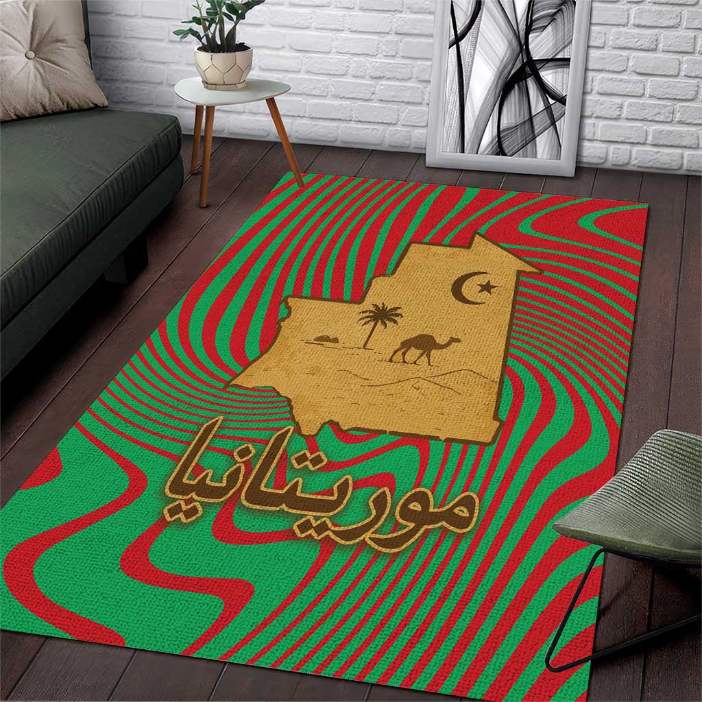 Mauritania Area Rug - Desert Camel Crescent Moon and Palm Tree Graphic in Red Green Gold Pattern TS04