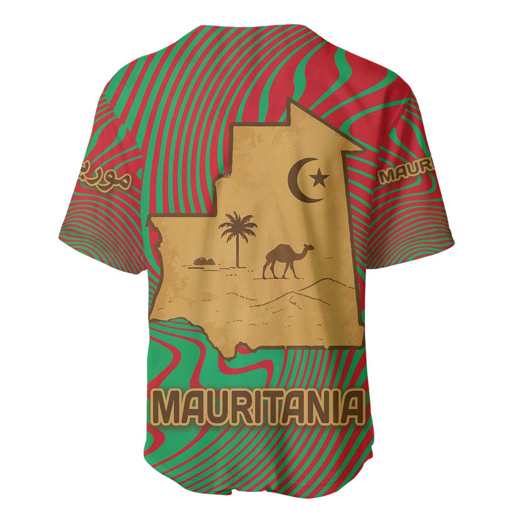 Mauritania Baseball Jersey - Desert Camel Crescent Moon and Palm Tree Graphic in Red Green Gold Pattern TS04