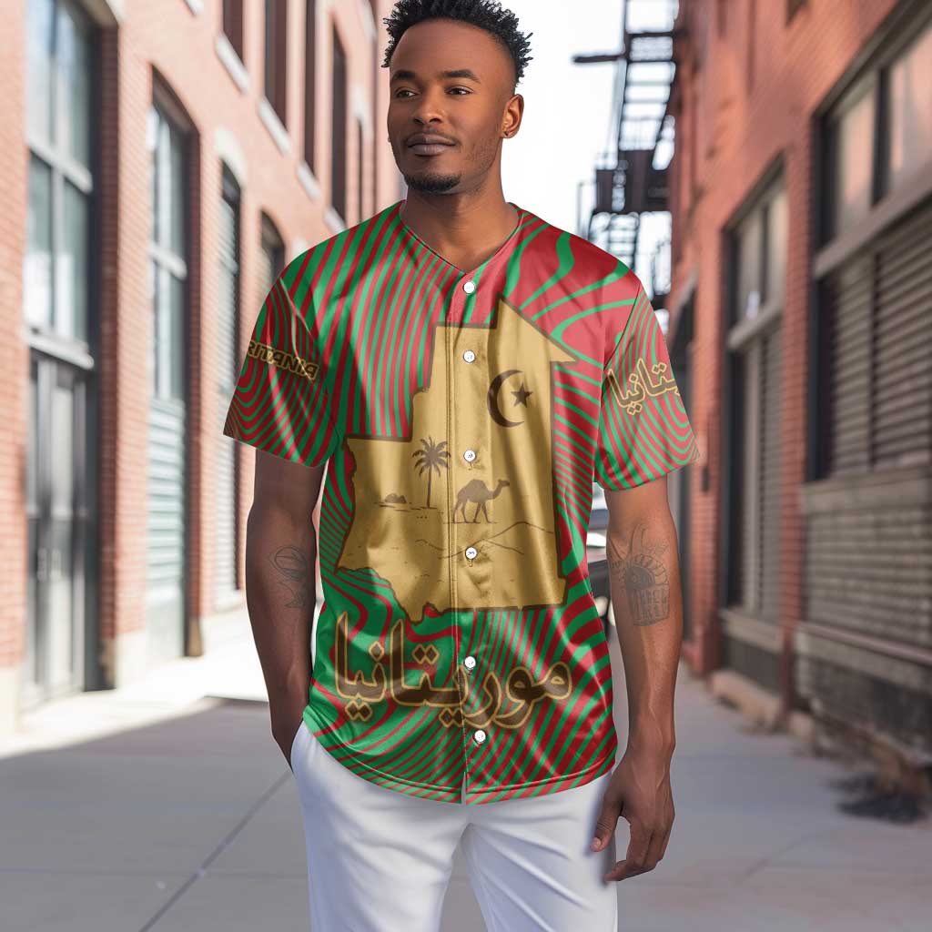 Mauritania Baseball Jersey - Desert Camel Crescent Moon and Palm Tree Graphic in Red Green Gold Pattern TS04