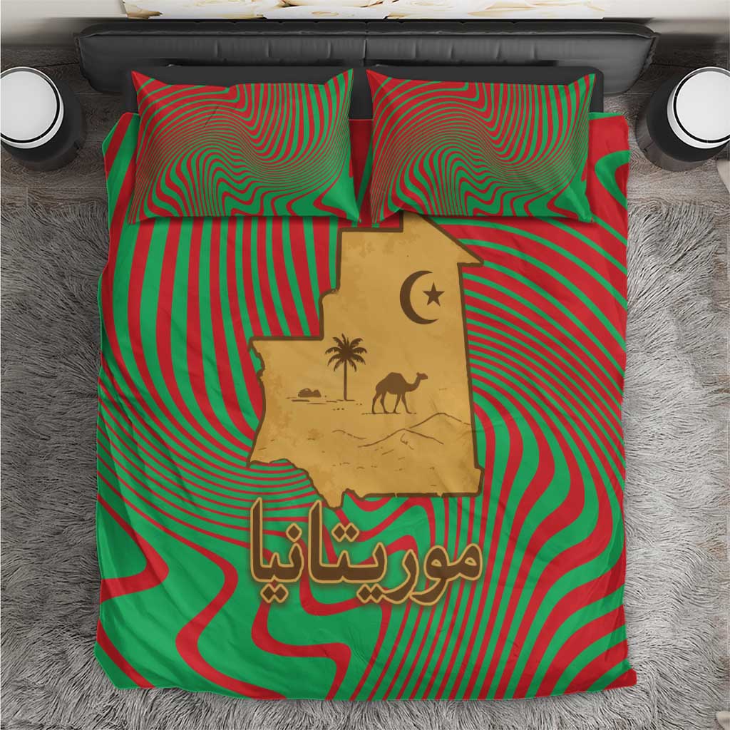 Mauritania Bedding Set - Desert Camel Crescent Moon and Palm Tree Graphic in Red Green Gold Pattern TS04